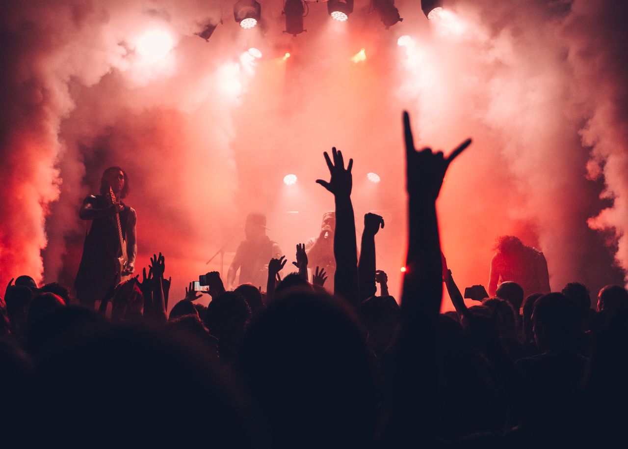 Dynamic scene of a rock band performing live with an enthusiastic audience and vibrant stage lights.